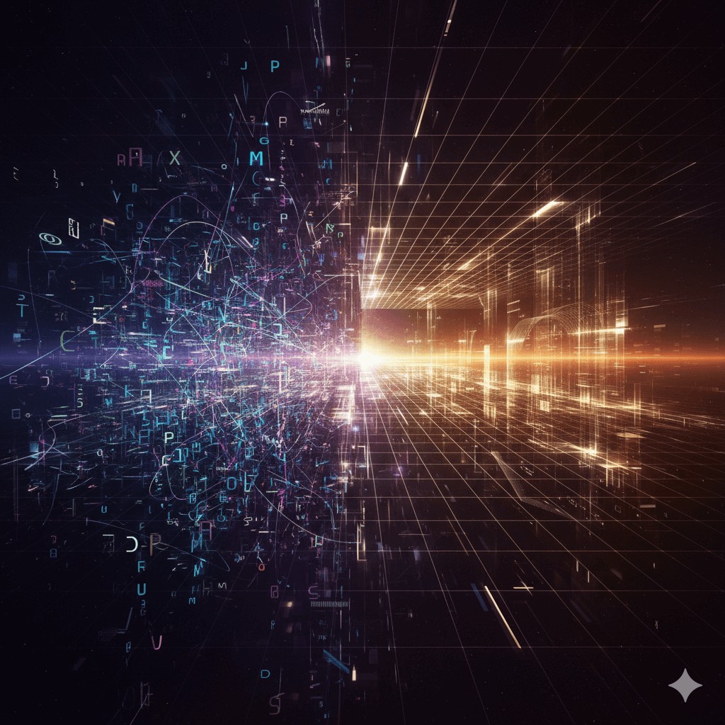Abstract image of chaotic text transforming into a structured data grid