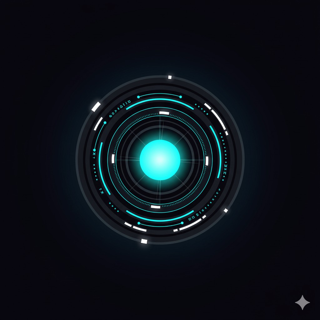 Stylized illustration of a glowing, futuristic camera lens