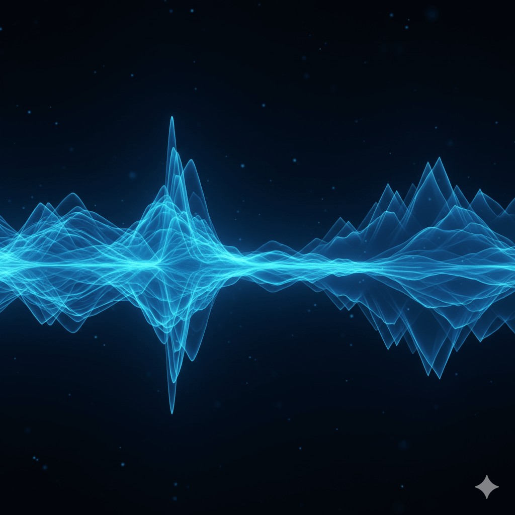 Abstract image of glowing soundwaves forming a minimalist landscape