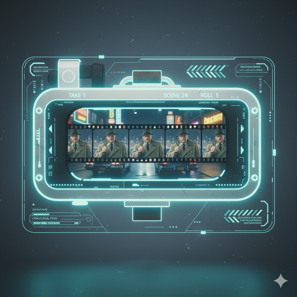 A director's viewfinder showing the same character consistently across multiple film frames, symbolizing the power of image-to-video AI.